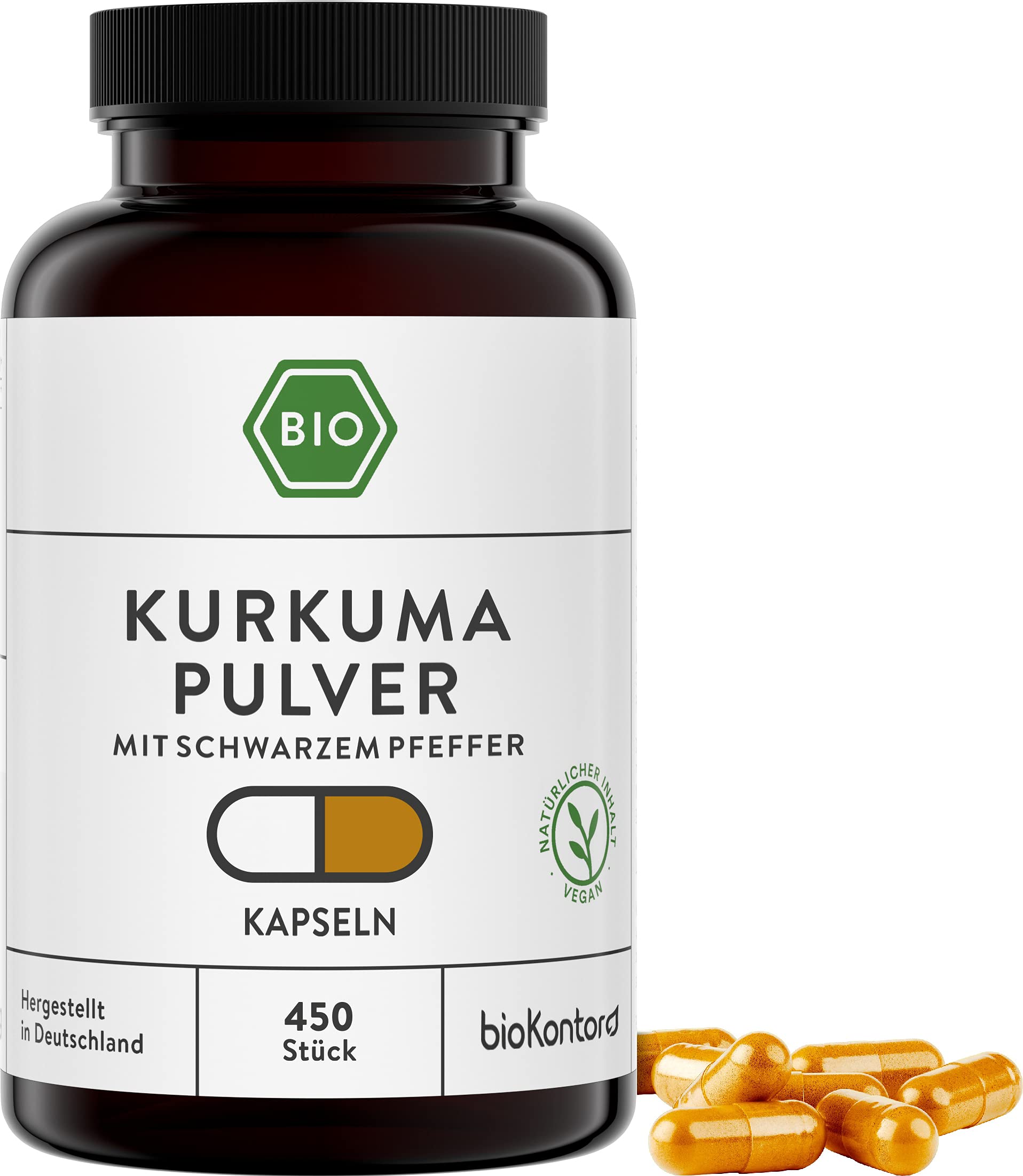 bioKontor – Bio Kurkuma Kapseln vegan 450 Stück – 600 mg Tagesdosis – 15 Monats Vorrat – Bio Kurkuma Pulver Kapseln mit Bio Pfeffer – Curcumin & Piperin – Kurkumawurzel Pulver – deutsche Herstellung