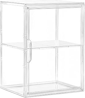 Attelite Large Acrylic Display Case for Collectibles - Stackable Clear Storage Bin w/ 3 Adjustable Layers, Removable Divider & Magnetic Door