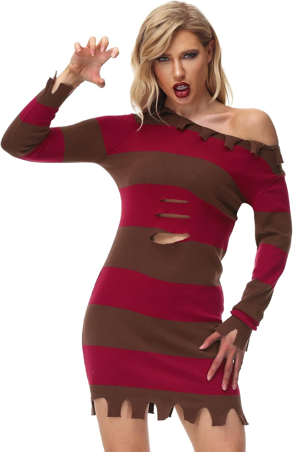 AOBUTE Halloween Women Costume Dress Mens Long Sleeve Red Striped Sweater - Image 2