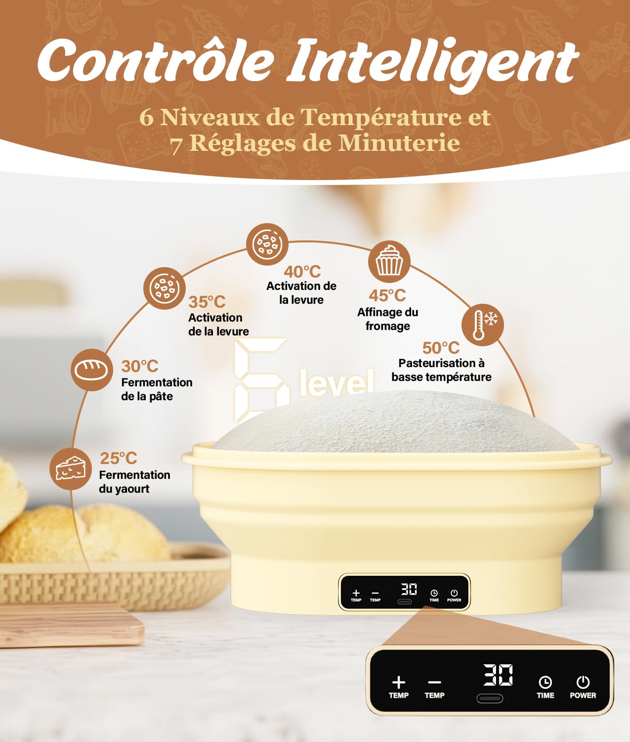 WADEO Panier de Pousse à Levain Chauffant, Chauffe-Levain Pro Électrique - Boîte de Pousse 28cm, Thermostat 6 Niveaux (25-50°C), Minuterie, Silicone Alimentaire Pliable - Pour Pain, Pizza, Yaourt