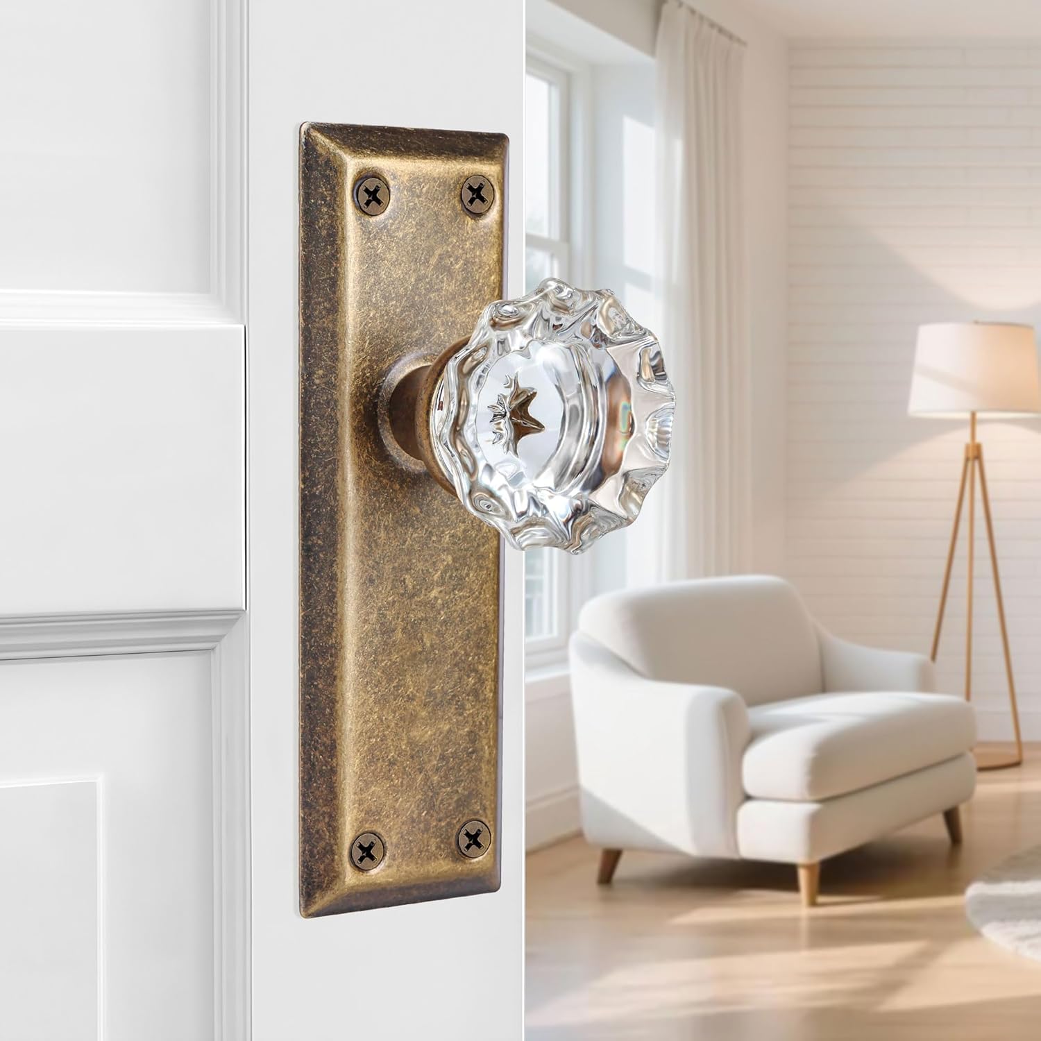 2 Pack Vintage Antique Brass Single Sided Crystal Dummy Door Knobs Interior, Vintage Glass Dummy Door Knobs with Long Plate