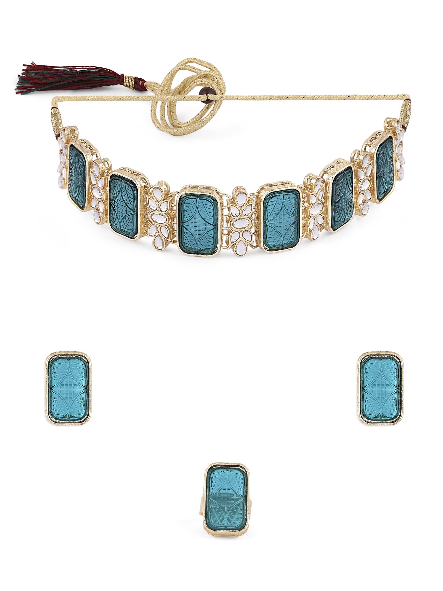 ZAVERI PEARLS Peacock Green Artificial Stones & Kundan Choker Necklace Earring & Ring Set For Women-ZPFK16583 (B0CKHZP73J) Amazon Price History, Amazon Price Tracker