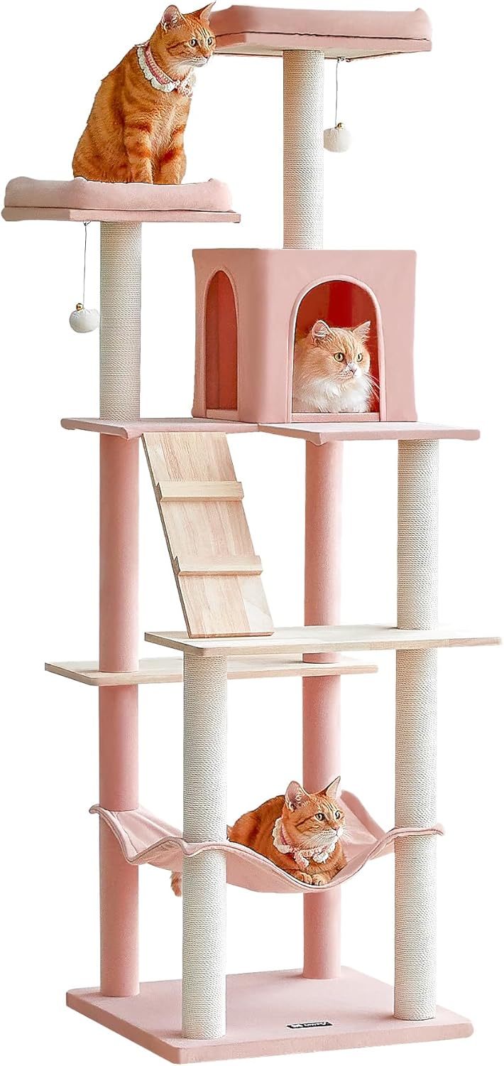 MWPO Pink Modern Cat Tree, 70.1Inch Large Wood Cat Tower