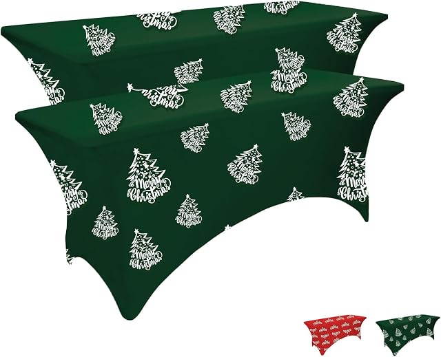 IVAPUPU Christmas Table Cloth 2 Pack 4FT Green Spandex Table Covers Fitted Tablecloth Washable Table Cover Stretch Rectangular Table Protector for Events, Party, Wedding, Cocktail, Banquet, Festival