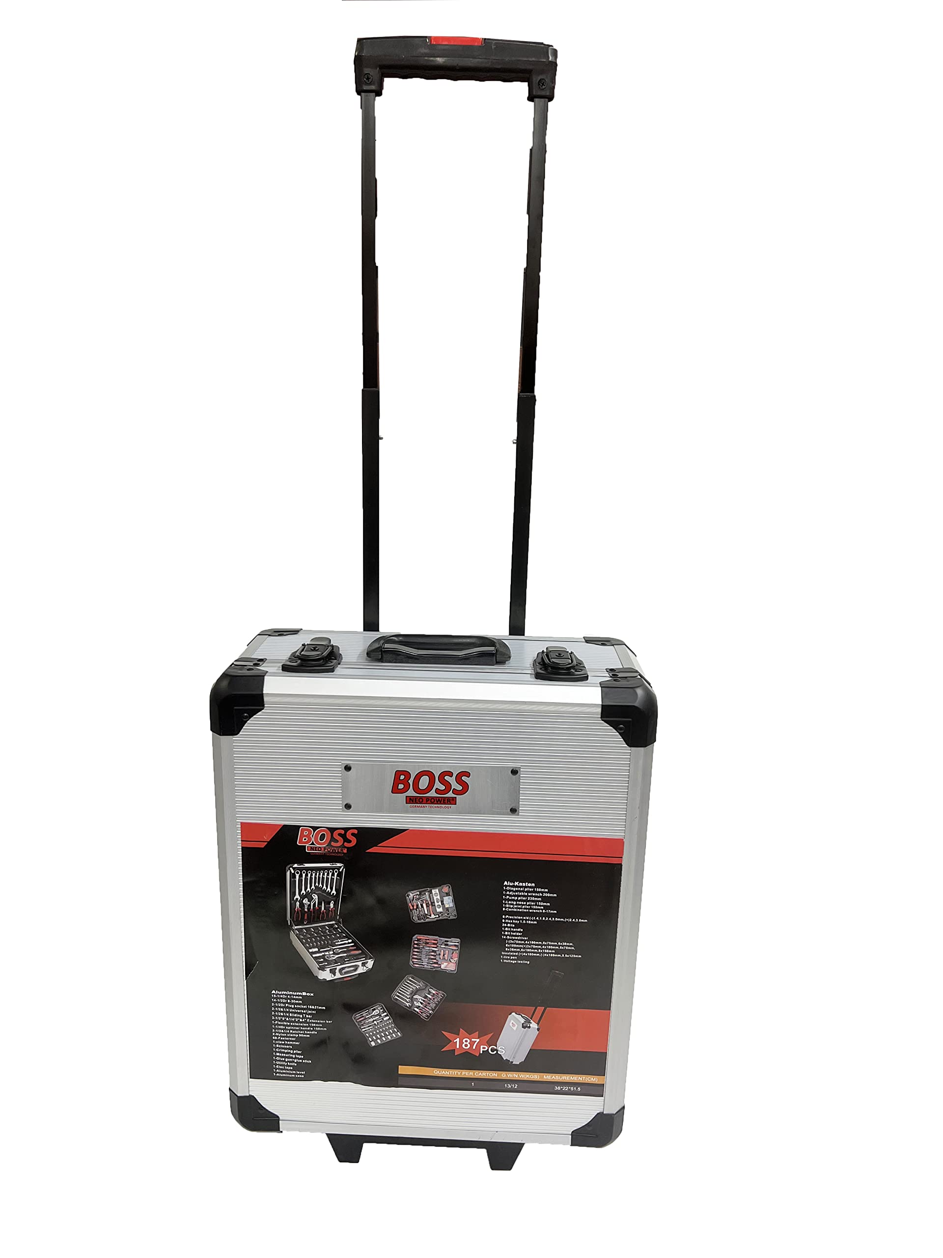 BOSS NEO POWER - 187 PCS TROLLEY TOOL BOX SET, PROFESSIONAL SOCKET SET, ALUMINUM BOX WITH ALL TYPES OF WRECHES ETC FOR HOME AND PROFESSIONAL