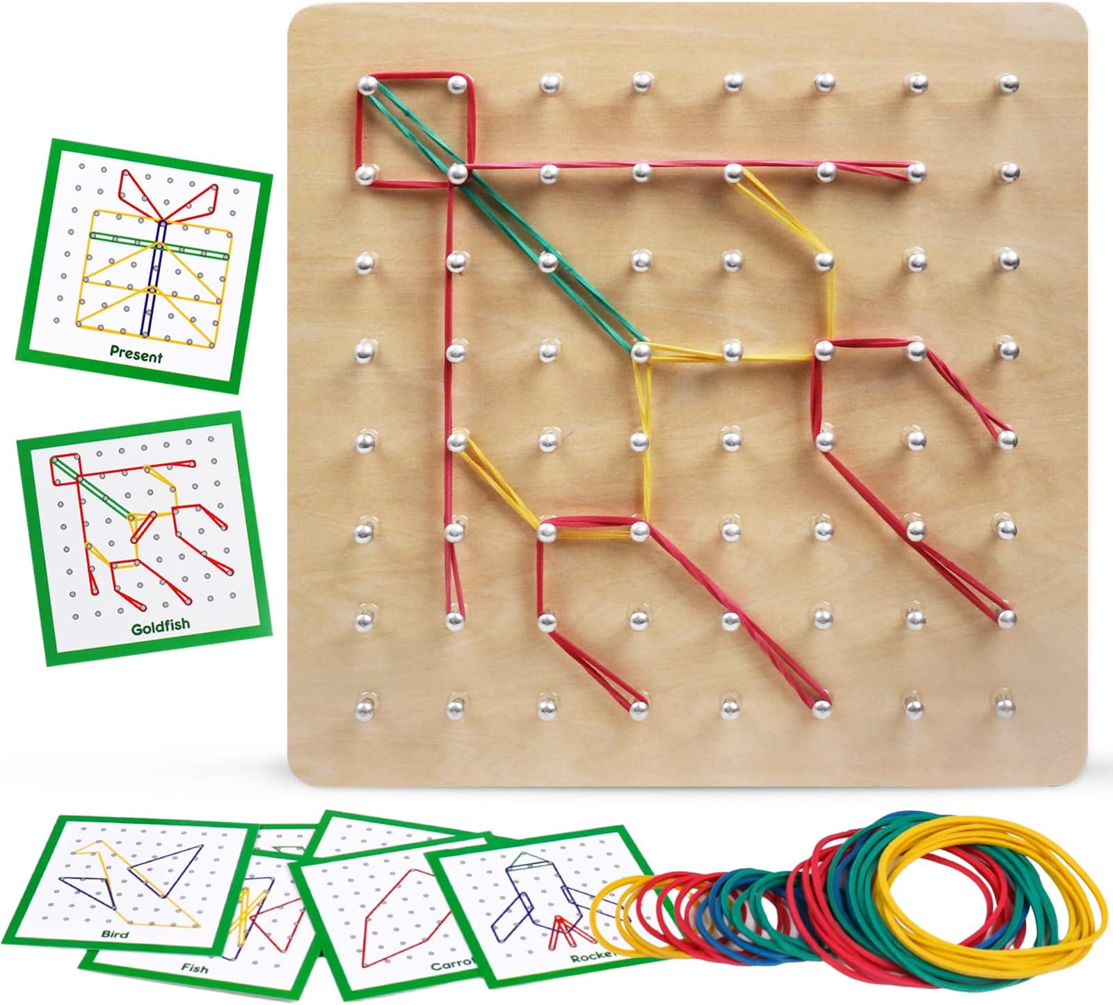 Kizh Wooden Geoboard Math Manipulative Material Graphical Geo Board Montessori Educational Toys Array Block Pattern Cards and Rubber Bands STEM Puzzle Matrix 8x8 Brain Teaser Toys