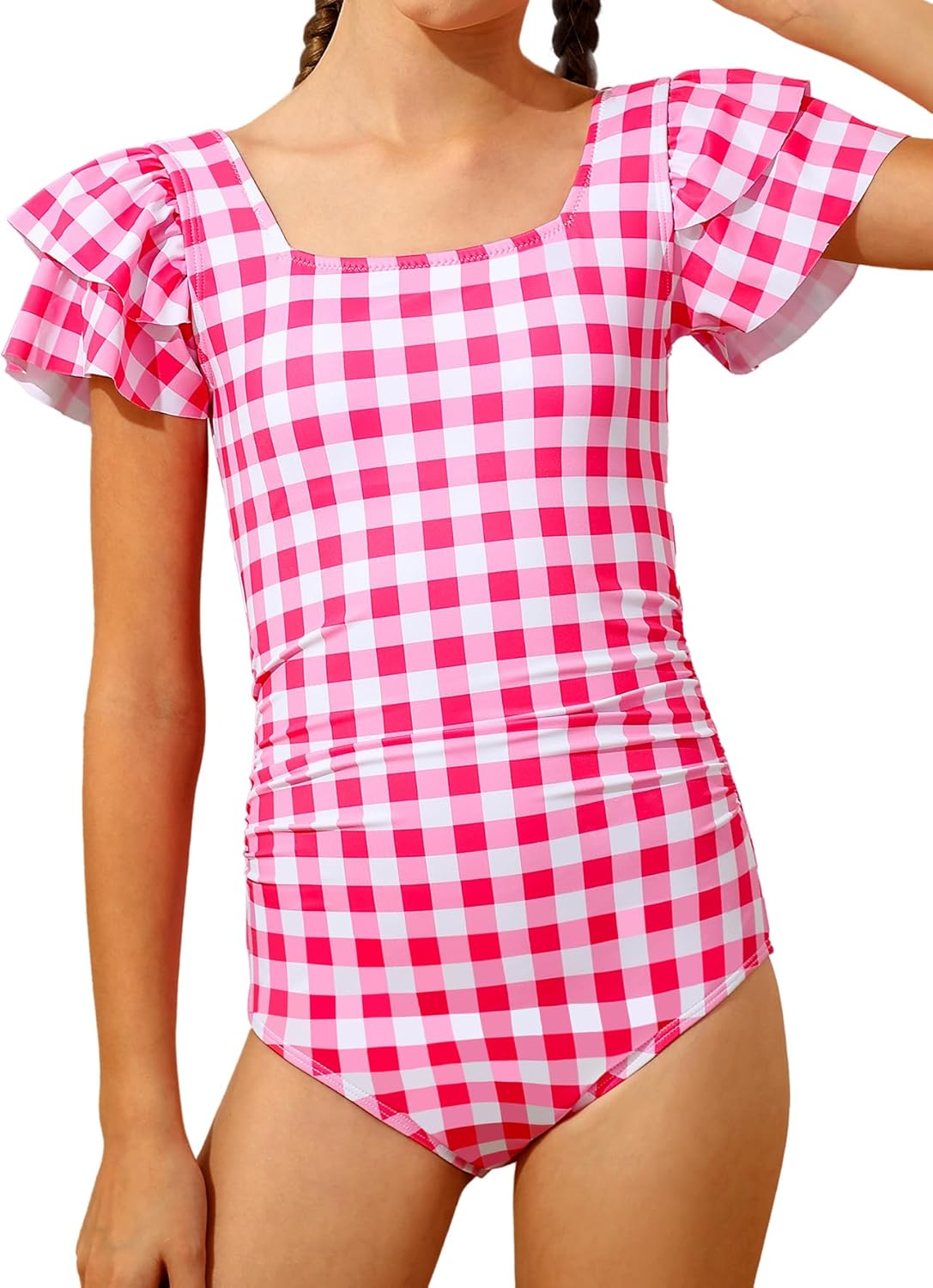 ZEMOQ Girls Swimsuit Ruffle Strap One Piece Bathing Suit for Girls Square Neck Ruched Padded Swimwear 11-16Y