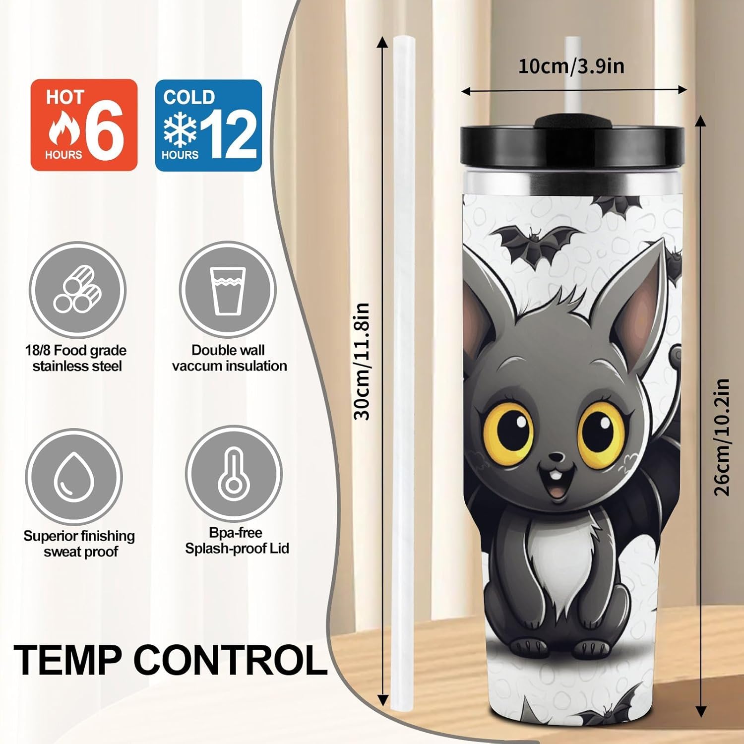 Cute Bat Tumbler with Lid 40 Oz Double Wall Vacuum Cup Insulated Tumbler with Handle Leak Proof Travel Mug Stainless Steel Water Bottle - Fits Car Cup Holder