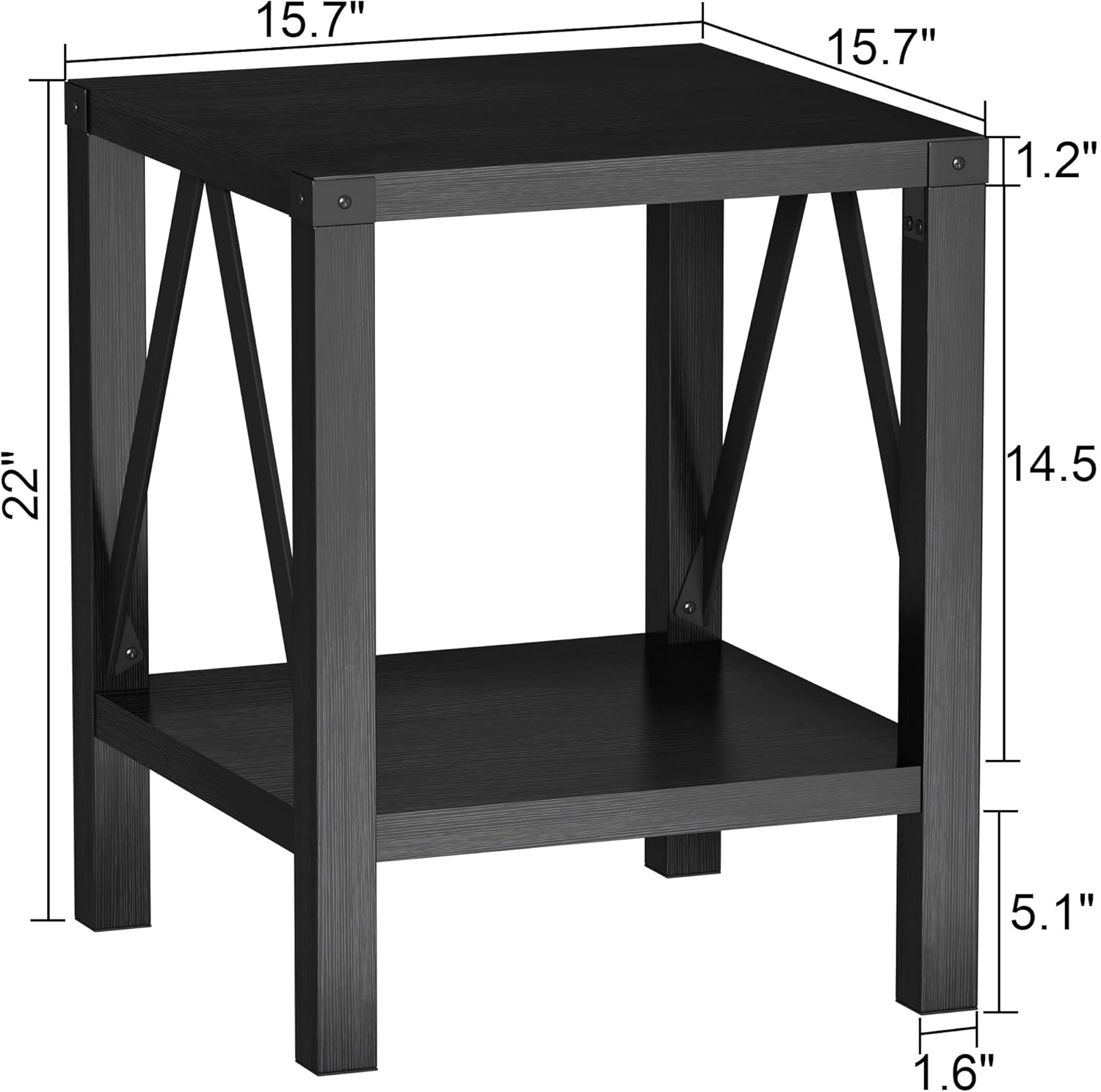 Treocho Farmhouse End Table Set of 2, Rustic Vintage Nightstand Side Table with Shelf for Living Room, Black
