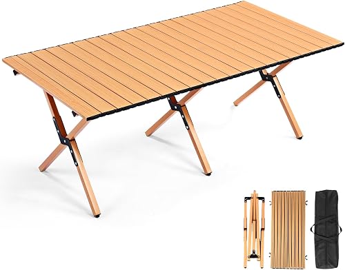 4FT Folding Camping Table, Roll Up Portable Camp Table with Carry Bag, Low Collapsible Lightweight Aluminum Outdoor for Camping, Picnic, Beach, Patio, Kitchen(Yellow Wood Color)