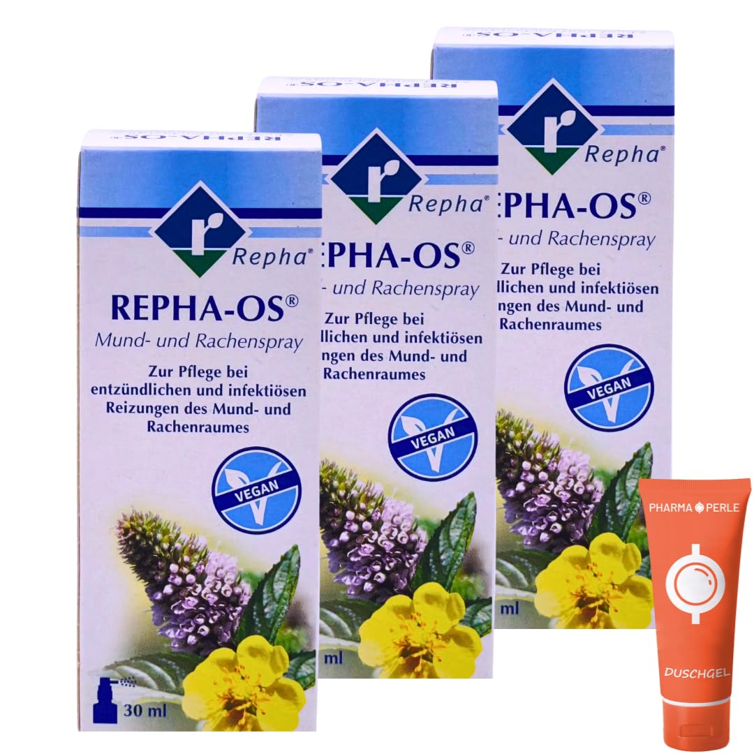 Repha-OS Mund- und Rachenspray 3x 30 ml I Pflege bei entzündlichen & infektiösen Reizungen im Mund- & Rachenraum I zuckerfrei & pflanzlich I gegen Mundgeruch I Spar-Set plus Pharma Perle give-away