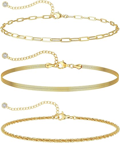 Ankle Bracelets for Women Gold/Silver Plated Anklets for Women Cuban Snake Beads Figaro Paperclip Box Link Chain Layered Anklet Set Dainty Fashion Waterproof Anklet Jewelry Gift for Women