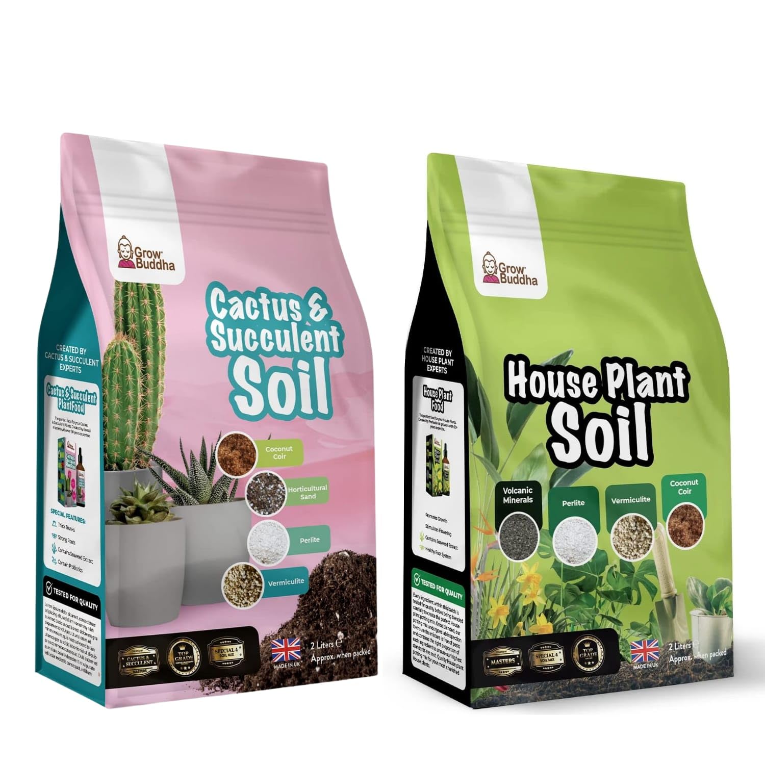 Cactus Succulent Soil Grow Buddha - Natural Cactus and Succulent Indoor Potting Compost Mix (2L) pack of 1 and - Houseplant Soil - Natural Indoor Houseplant Potting Compost Mix (2L) pack of 1.