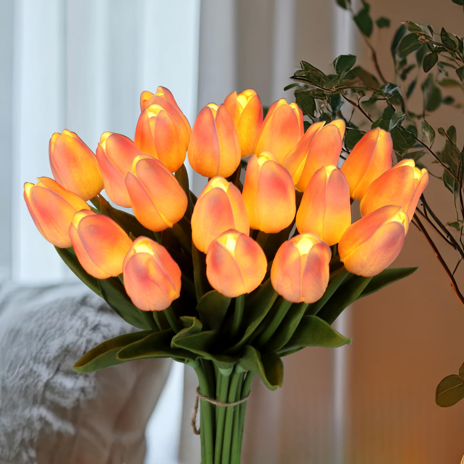 HOMESEASONS 20pcs Tulip Bouquet Lamp Artificial Flower Night Light Real Touch Tulip Night Lamp LED Flower Light Home Kitchen Decor(Pink)