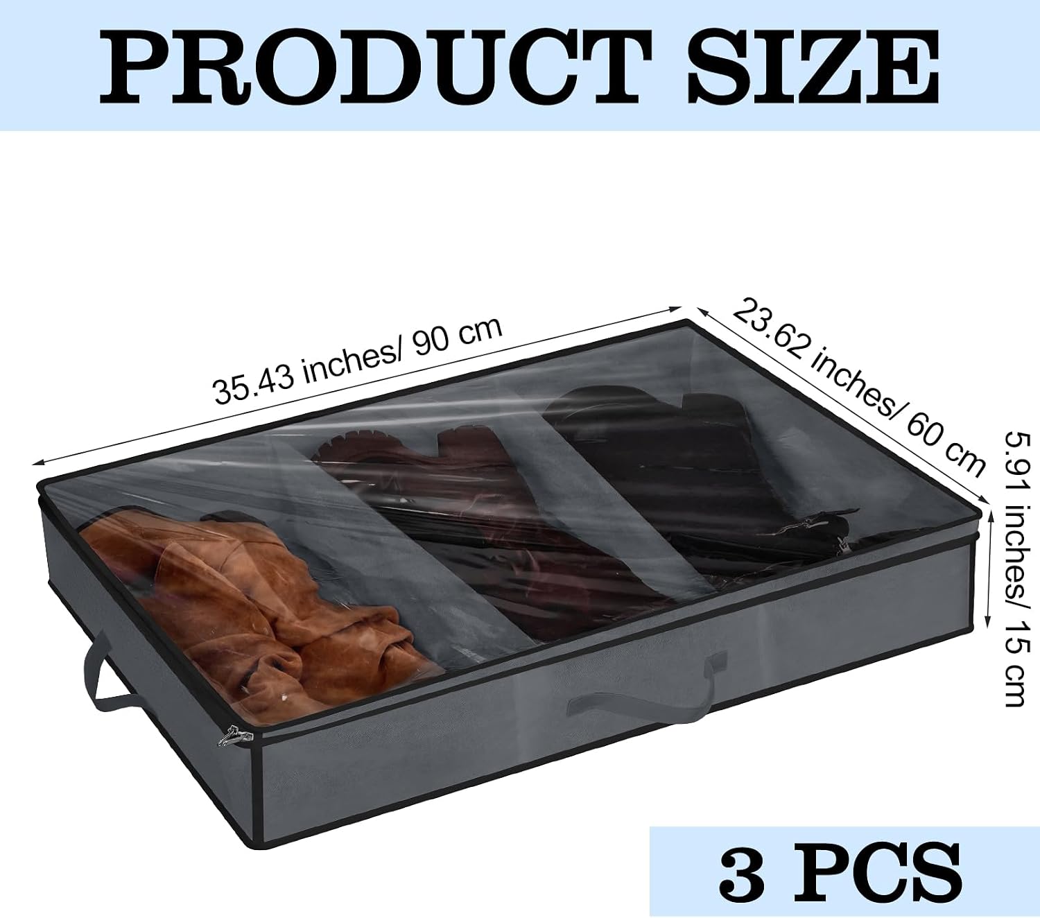 SATINIOR 3 Pcs 3 Section Under Bed Shoe Storage Boot Bag Grey and Black Underbed Shoe Organizer with Large Clear Pockets Fabric for Storage Men's and Woman's Boots