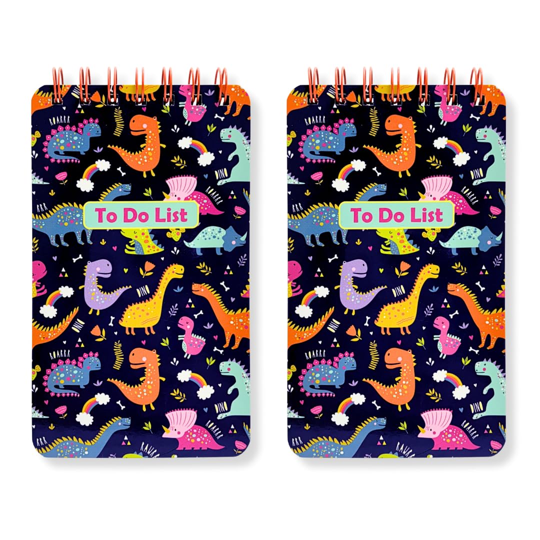 Tot Tales To-Do List Set of 2 Size (17 x 10 cm) 192 Ruled Pages, 80 GSM Spiral Bound Notebooks for Daily Tasks, Checklists - Dino Doodle Set of 2