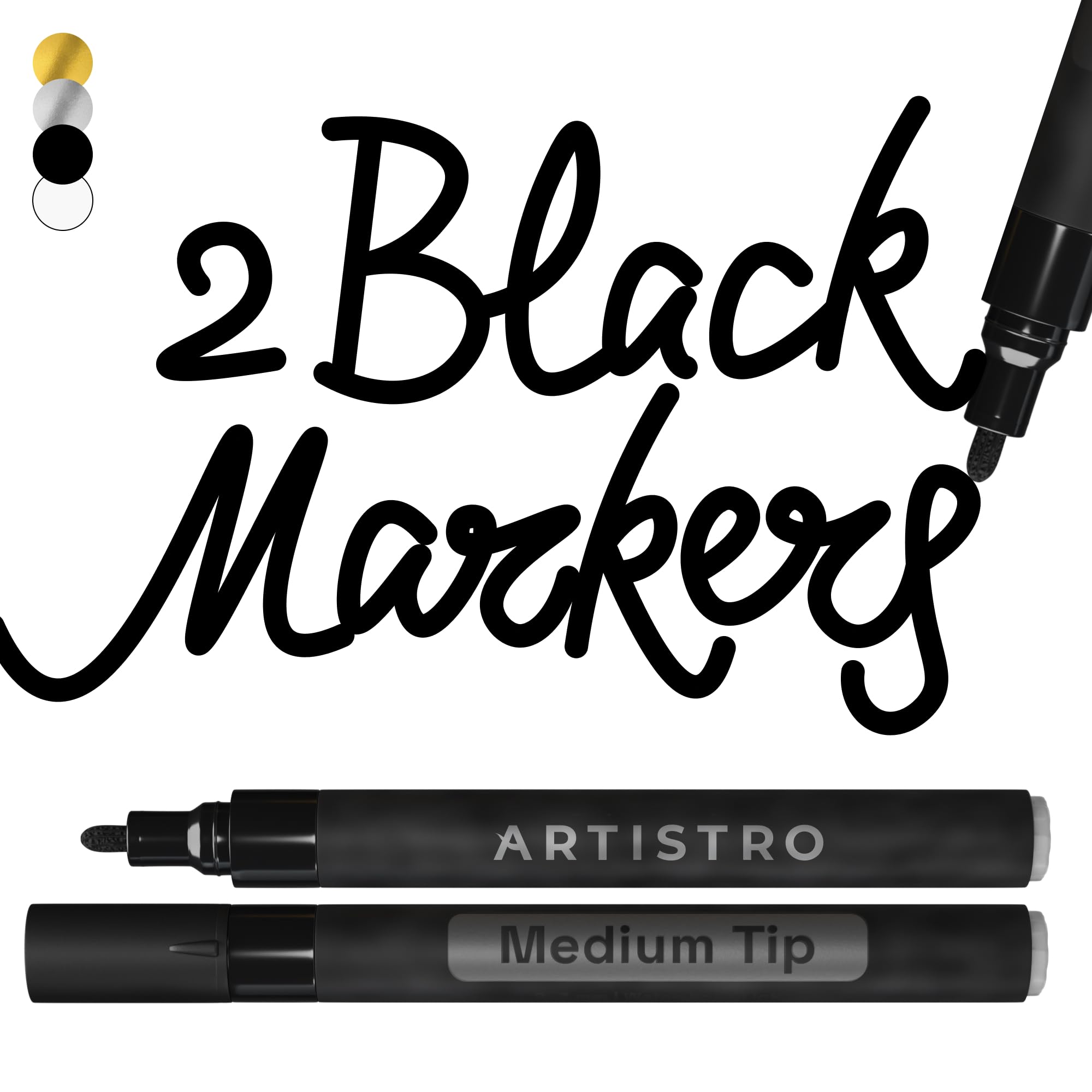 ARTISTRO 2 Black Acrylic Paint Markers - 3mm Medium-Tip Paint Pens - Perfect for Crafting, Art Projects, &amp; More