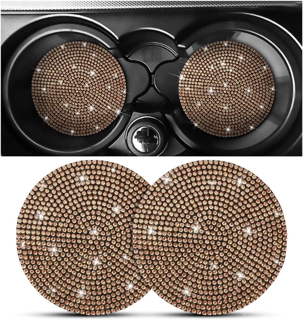 Osilly Bling Car Cup Holder Coaster, 2 Pack Crystal Rhinestone Anti-Slip Insert Coasters, Universal 2.75 Inch Fashion Automotive Cup Mat, Car Interior Accessories Decor Gifts for Women (Golden)