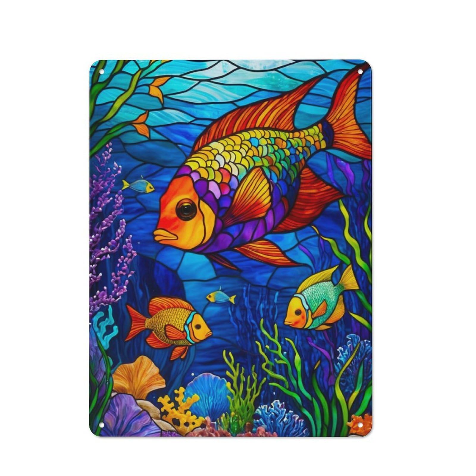Junmoney Stained Glass Fish Retro Metal Wall Sign 40X30cm For Guest Room Or Hallway, New-Space Wall Decor For Home Decor Collectors