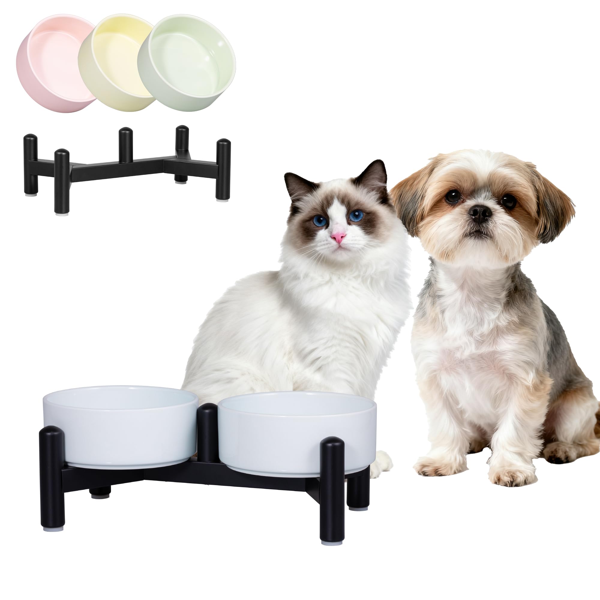 Keramik Hundenapf Erhöht mit Edelstahl-Ständer - Stylisch Doppelnapf Futterstation für Katzen und Kleine Hunde - rutschfest Hund Napf Set für Futter und Wasser - 140g / 260ml - Höhe 10cm - Blau