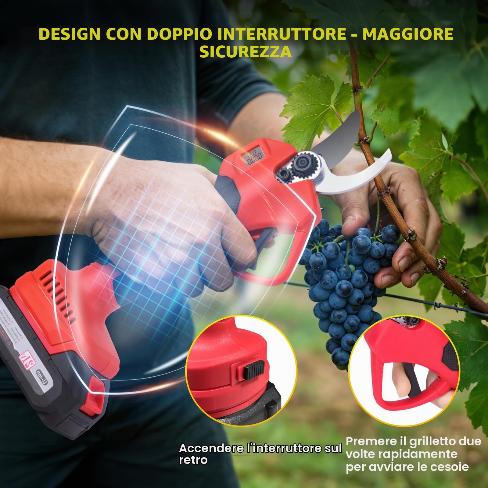 Forbici da Potatura Elettriche 30mm, Batteria 2000mAh con Display LCD | Lame Intercambiabili | 2 Batterie Ricaricabili | Potatore a Batteria per Giardinaggio, Frutteti e Vigneti-Rosso