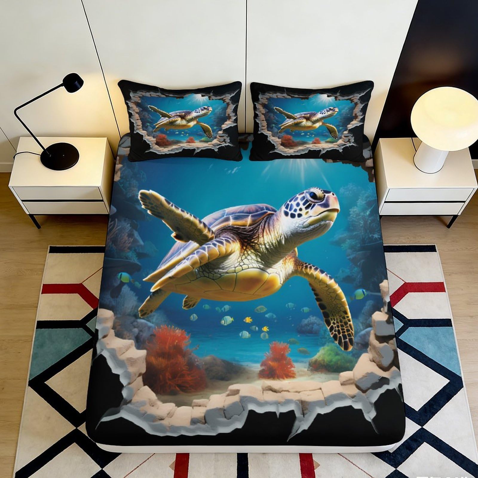 3D Printed Sea Turtle Ocean Fitted Sheet Microfiber Soft Anti-Slip Underwater Coral Reef Mattress Cover Bedroom Decor 140x200x25cm