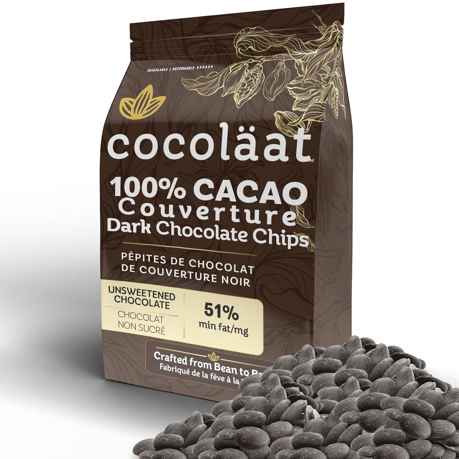 Cocoläat 100% Dark Chocolate Chips | Unsweetened Chocolate | 100% Cocoa Mass-51% Fat | Culinary Grade for Bakers, Pastry Chefs, & Chocolatiers | Gold Foil Resealable Pouch Perfect Holiday Gift | 2 lb