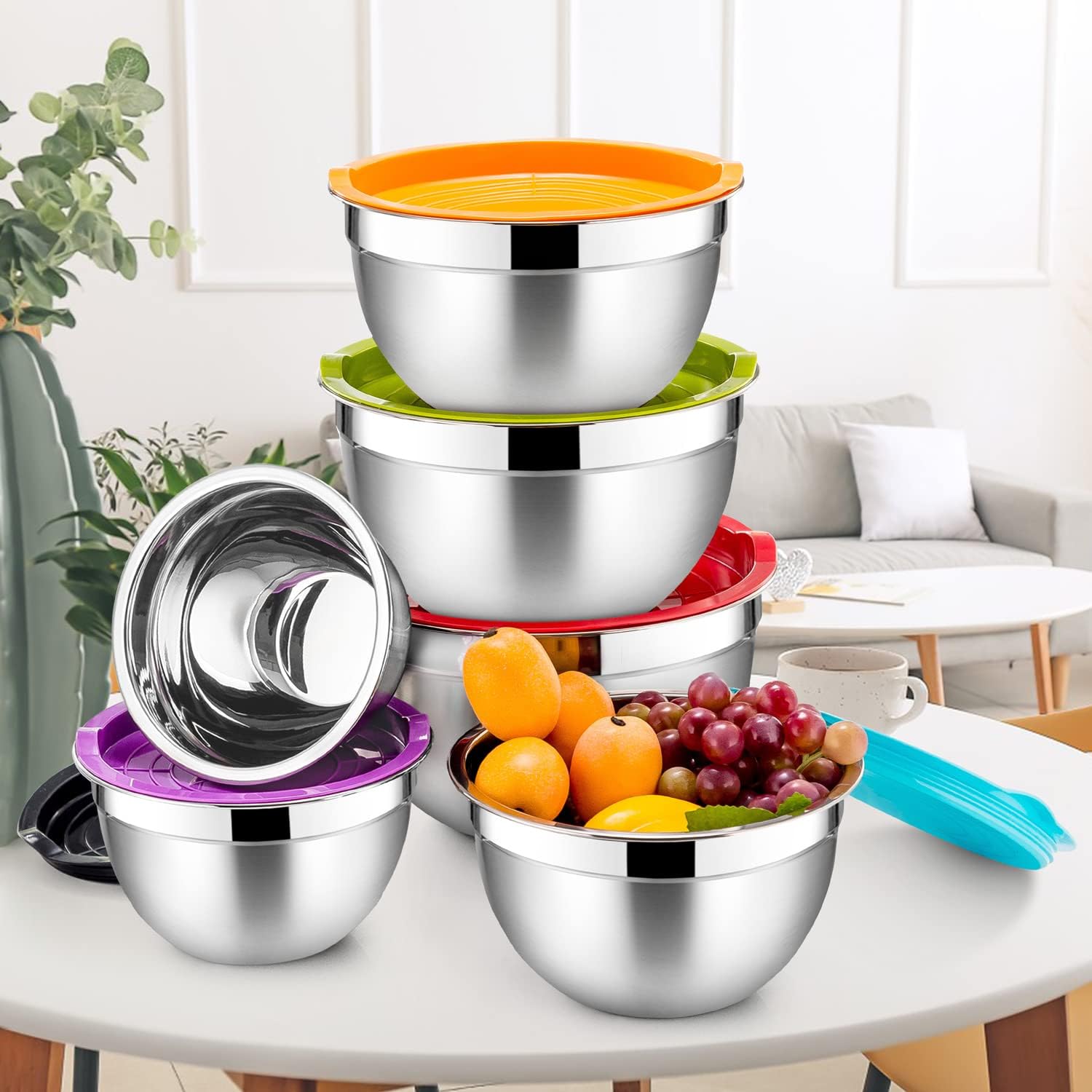 Walchoice Mixing Bowls with Lid Set of 6, Stainless Steel Metal Nesting Bowls for Cooking, Baking, Preparing, Serving, Size 4.5/3/2.5/1.5/1/0.7 QT - Multi-Color