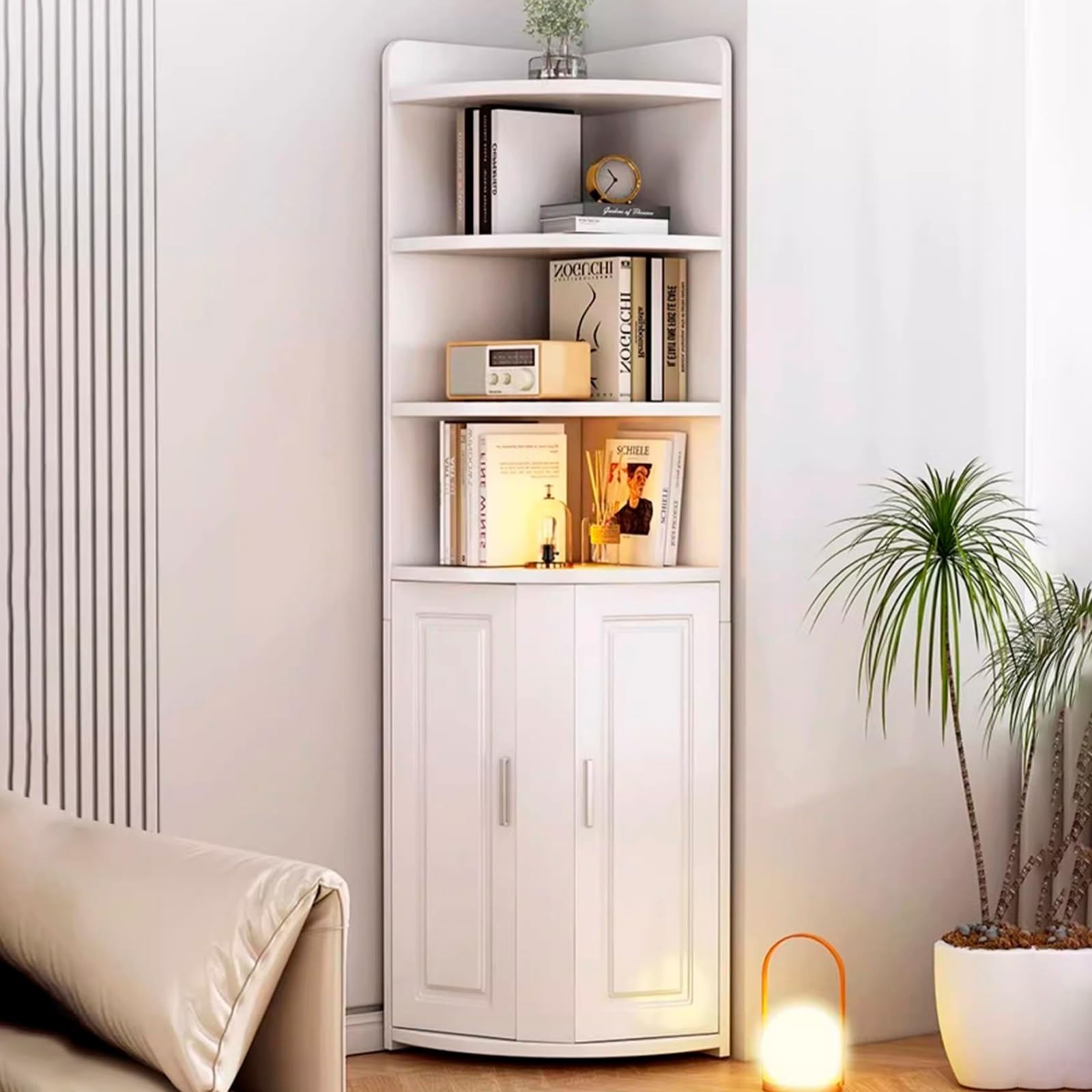 Estantería esquinera blanca de almacenamiento vertical y mueble organizador con puertas