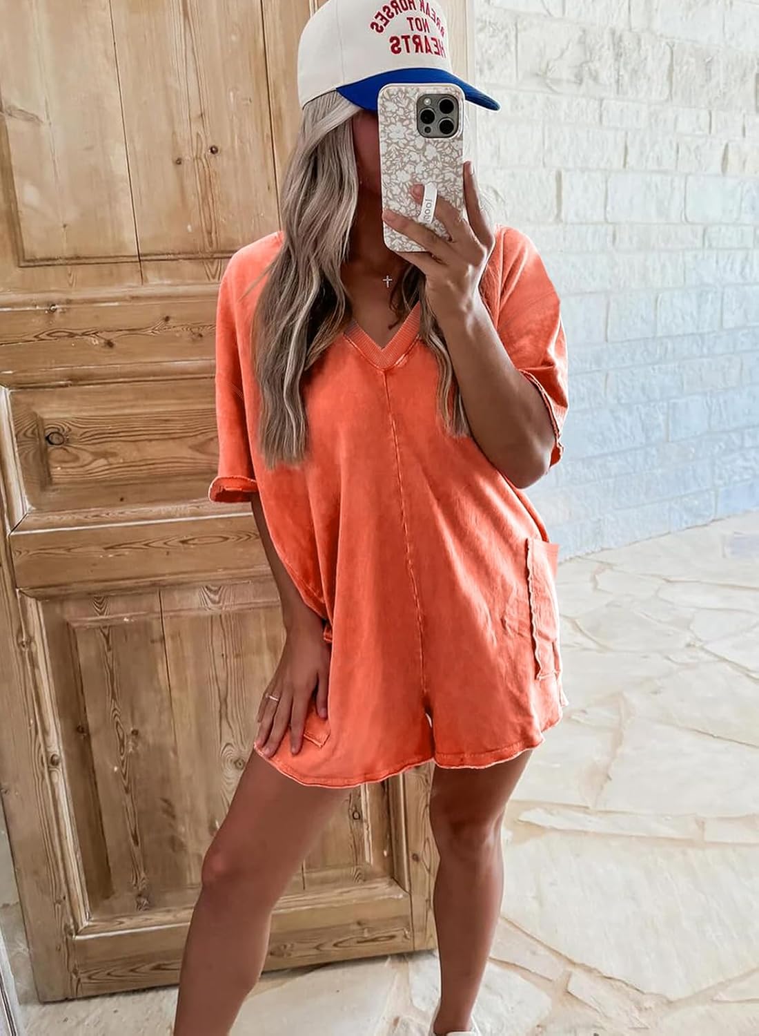 Womens Mineral Washed Summer Casual Short Sleeve V Neck Rompers Jumpsuit Outfits with Pockets - Image 3