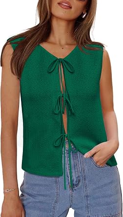 Yousify Womens Tie Front Sweater Vest 2025 Sleeveless Crochet Knit Summer Y2K Going Out Tops