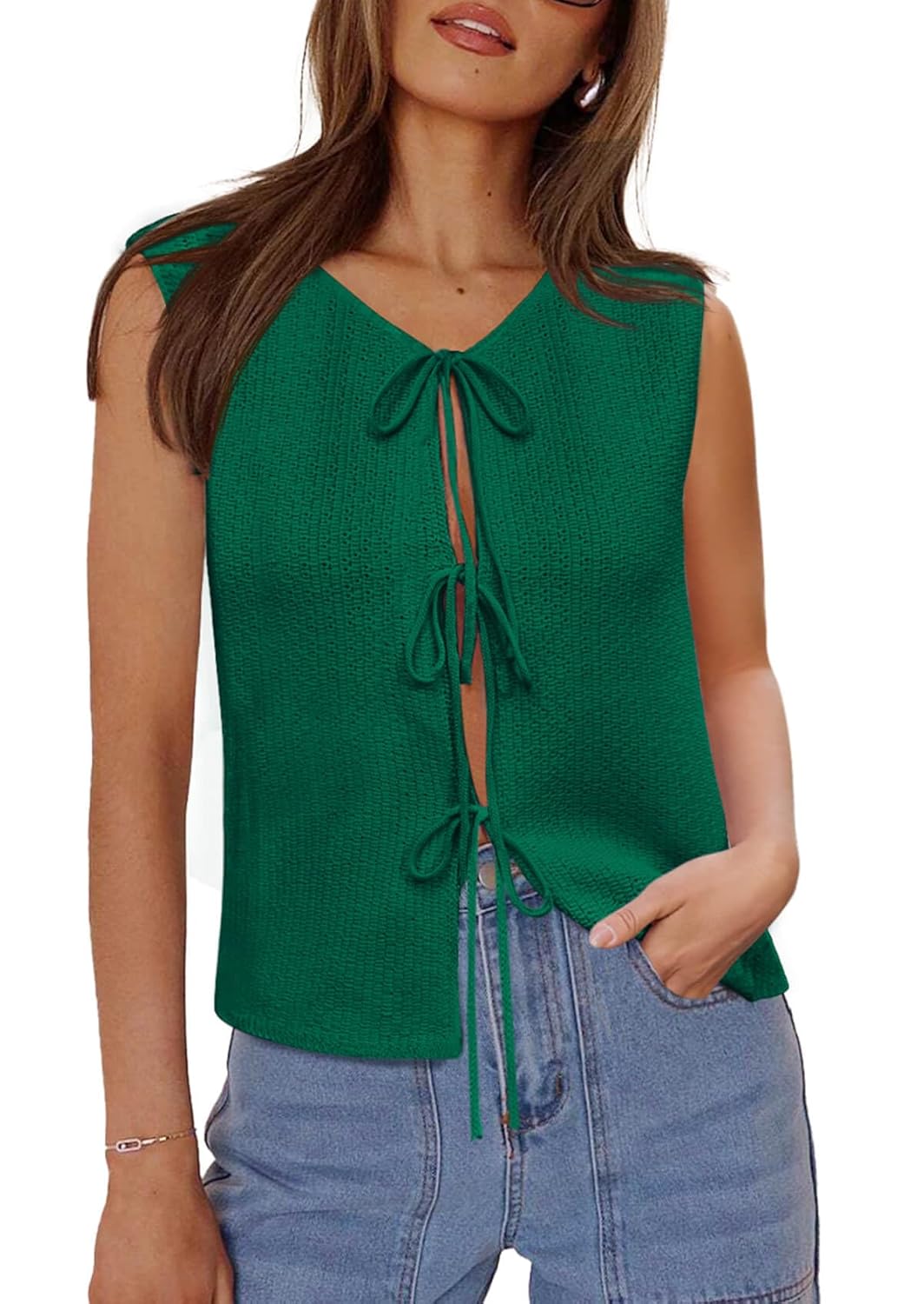 Yousify Womens Tie Front Sweater Vest 2025 Sleeveless Crochet Knit Summer Y2K Going Out Tops