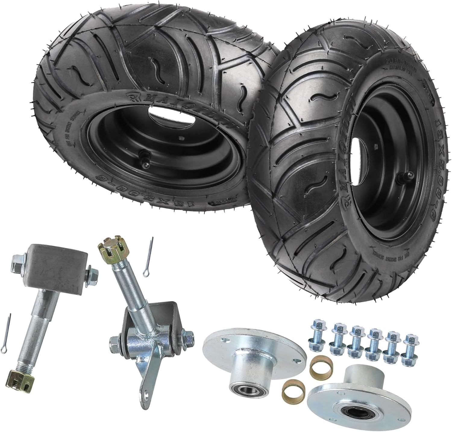 13x5.00-6 Tubeless Tire and Wheel Assembly for Go Kart, ATV, UTV, Quad, Golf Cart, Mini Bike - 3 Bolt Rim, Front Wheel Hubs, Steering Spindles, All-Terrain, 2 Pack (Silver)