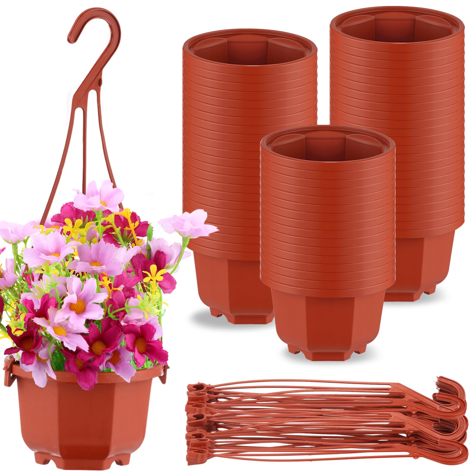 Roshtia Lot de 50 pots de fleurs à suspendre en plastique avec trous de drainage et crochets pour maison, jardin, balcon, porche (marron, 9,4 cm)