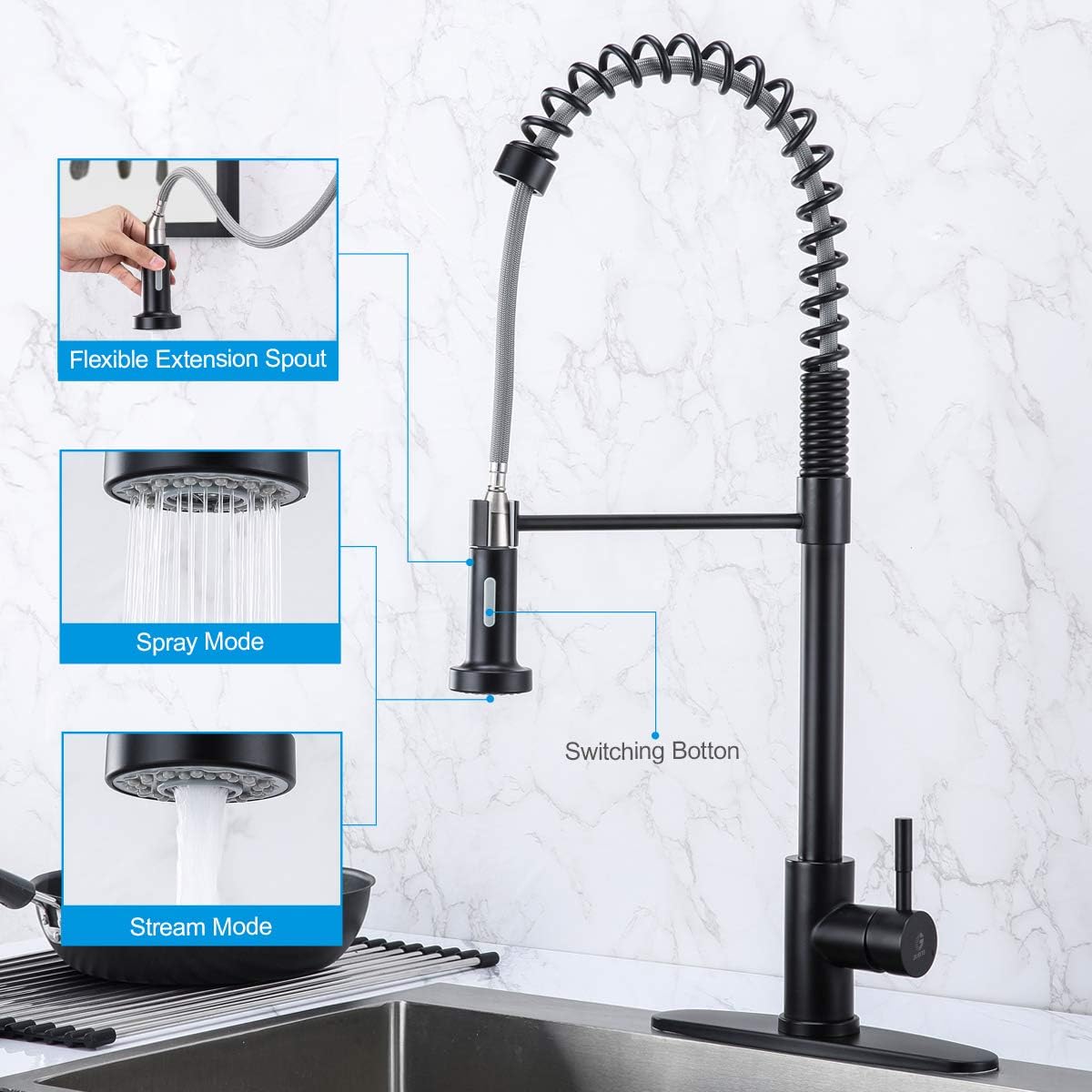 Top Brands GUSITE Spring Kitchen Sink Faucet with Pull Down Sprayer, Commercial High Arc Single Handle Stainless Steel Pull Out Kitchen Faucet with Deck Plate, Matte Black