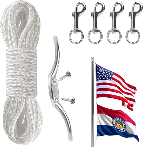 Kit de cuerda y clips de bandera, 50 pies con gancho para tacos y 4 clips giratorios a presión para asta de bandera de hasta 25 pies, accesorios de