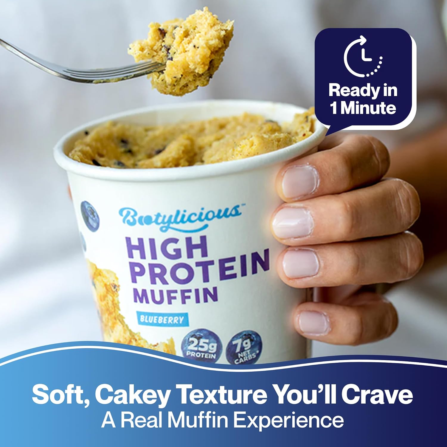 Bootylicious | 25g Protein Muffin | Blueberry | Low Carb, 14g Fiber, Low Glycimic Index, Low Sugar, 2.29 Cup, 12-Pack