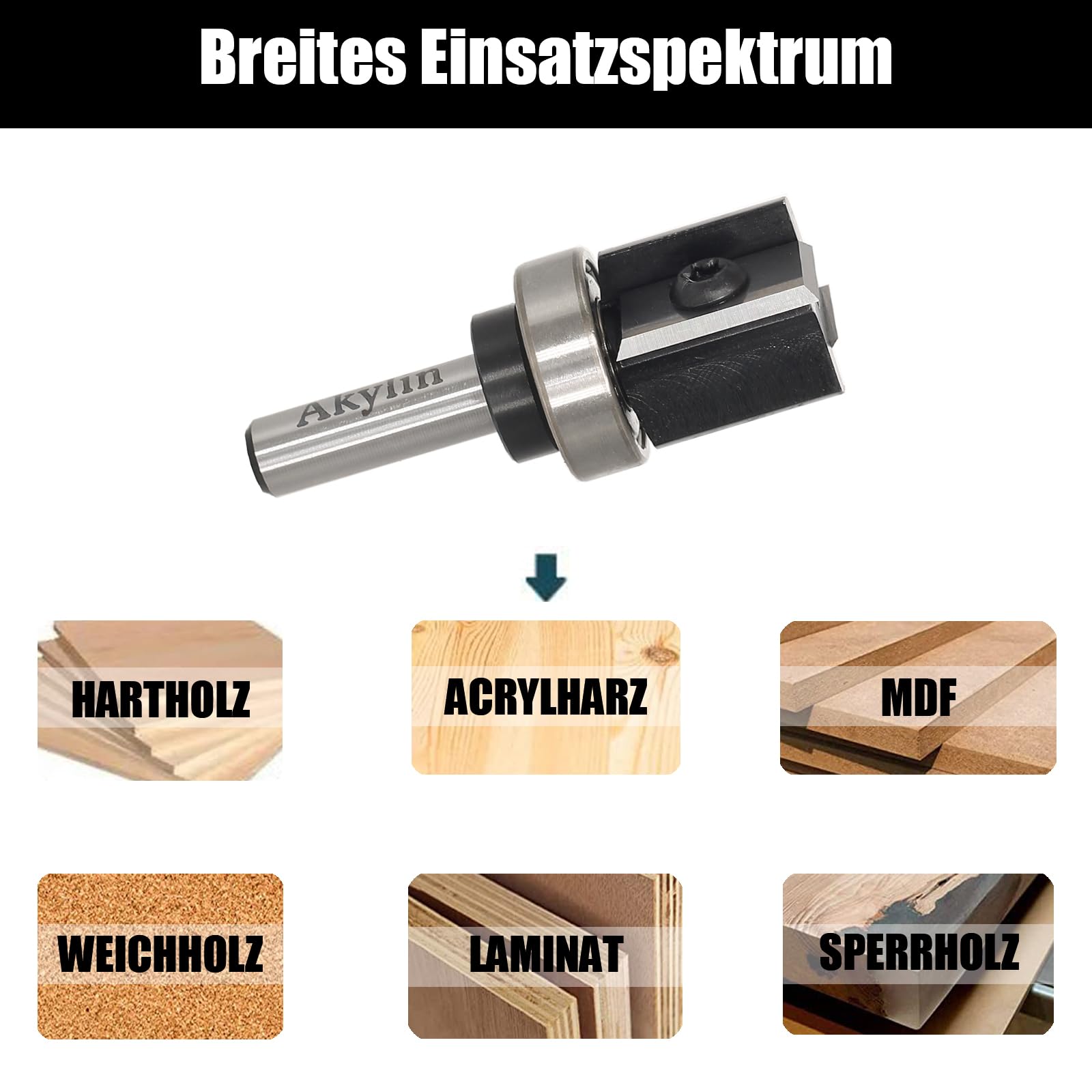 Fraise à affleurer à plaques réversibles - Tige de 8 mm - Lame en métal dur interchangeable sur 4 côtés - Fraise à affleurer avec roulement à billes - Fraise à bois pour le travail des bords