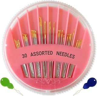 JekiiNova 30 Pack Large Eye Hand Sewing Needles Assorted Sizes - Stainless Steel Kit with Threader & Pink Organizer for Easy Sewing, Repairs, Embroidery