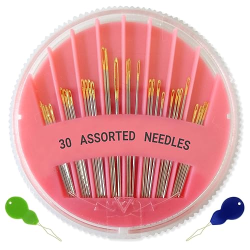 30 Pack Premium Hand Sewing Needles, Assorted Sizes, Large Eye
