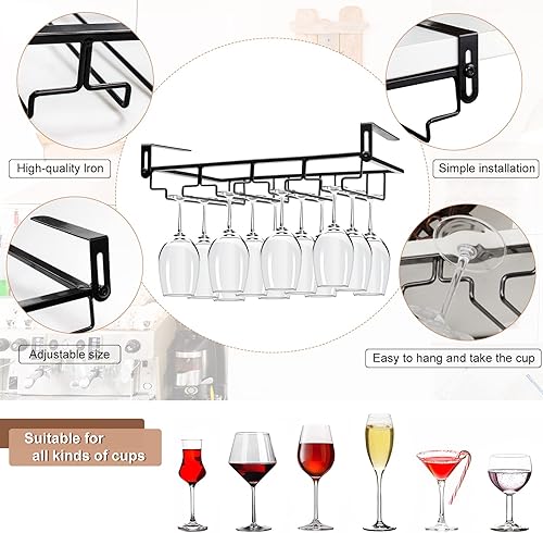 Miniatura 4 de AUHOKY 2 soportes ajustables para copas de vino debajo del gabinete, soporte de metal para copas de vino de 4 filas, sin perforaciones, organizador