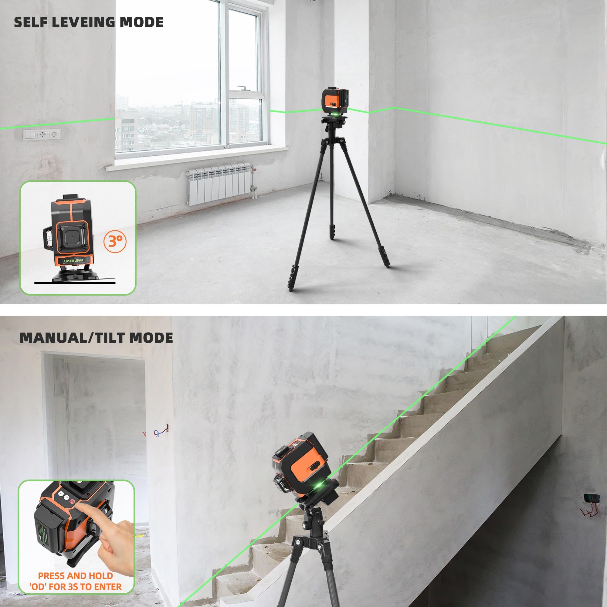 Fanttik D12 Ace 3x360° Green Laser Level - Self-Leveling 3D Cross Line For Construction, Picture Hanging, Rechargeable