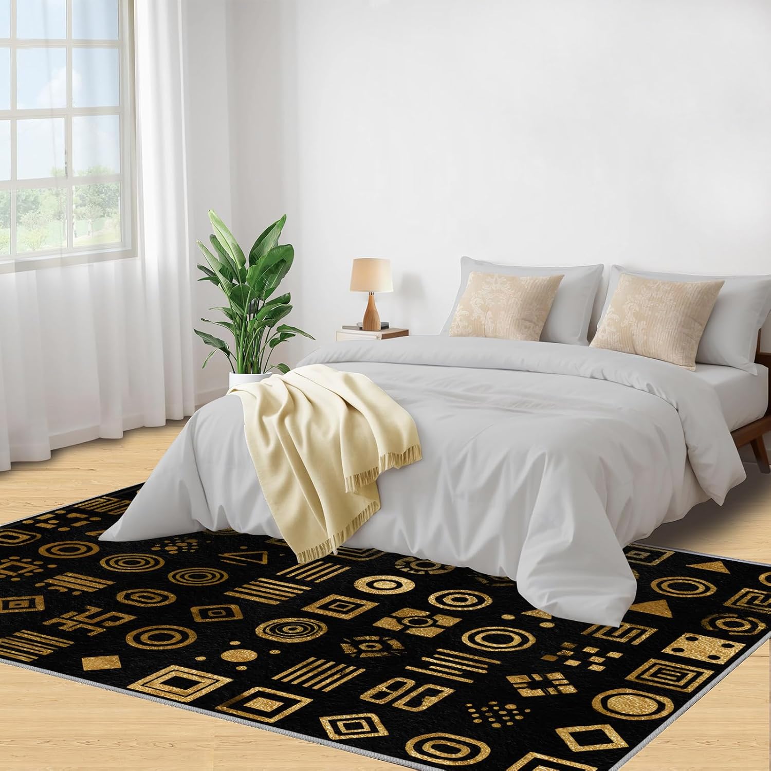 Luxurious Black Gold Rugs for Boys Room, Ancient Egyptian Geometry Area Rug - 4x5, Greek Key Outdoor Rug, Washable & Non Slip Carpet for Home Decor