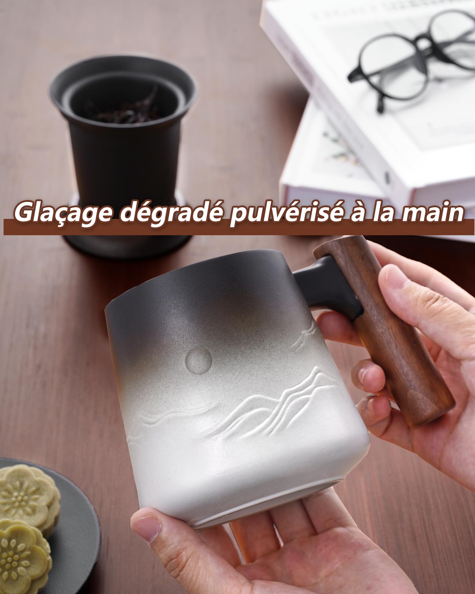 ZENS Tazza da tè in rilievo in ceramica (430 ml) tazza a the con infusore e coperchio Manico in legno, Fogli mobili tazza con coperchio & colino per gli amanti del tè Regali