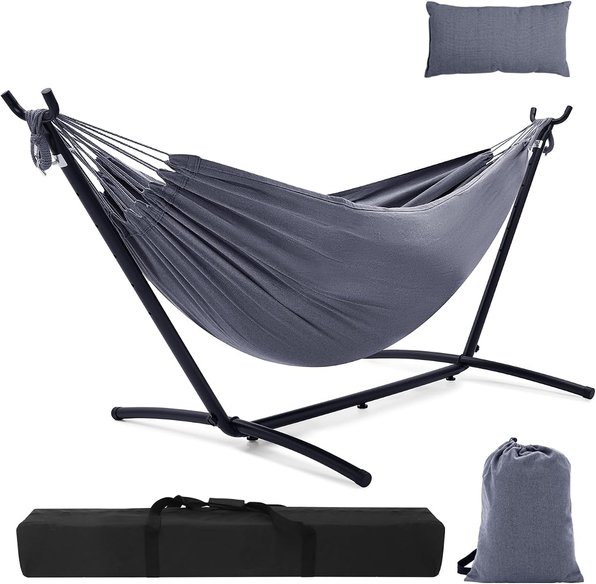 Hammock with Stand, Ohuhu Double Hammock with Space Saving Steel Stand & Pillow 2 Person Hammocks with Portable Carrying Bag for Camping Garden Patio Indoor Use Gift for Birthday, Grey