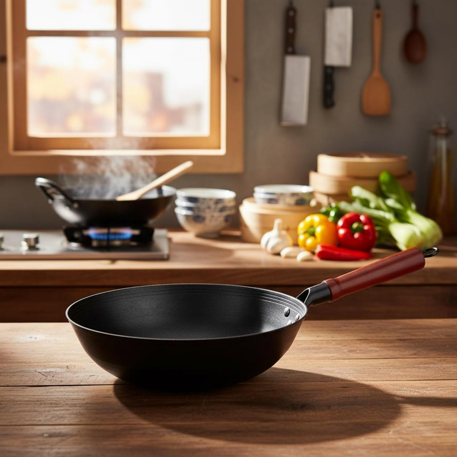 Wok de Hierro Fundido Sartén Olla Cazo con Fondo Redondo para Cocción Ágil y Aromática Superficie Curada Que Evita, 30 Cm, Olla Individual De Fondo Redondo De 30 Cm