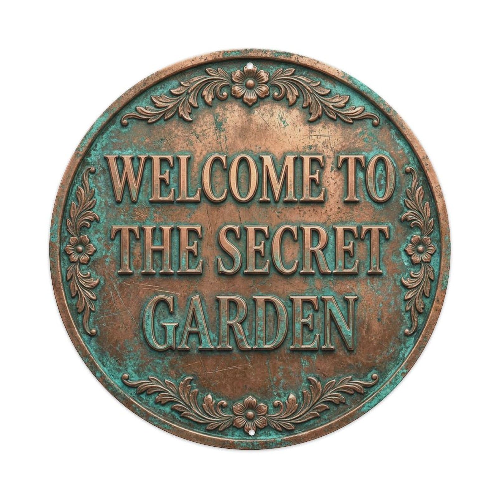 Vintage Welcome Secret Garden Copper Aqua Floral Metal Tin Sign