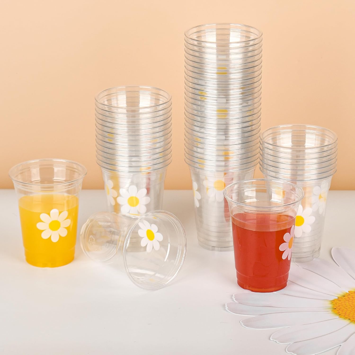 AimFun 100 Pc Daisy Disposable Plastic Cups Groovy Party Cups 12 oz White Flower Cold Drinking Cups for Hippie Boho Party Decor Spring Birthday Baby Shower Supplies