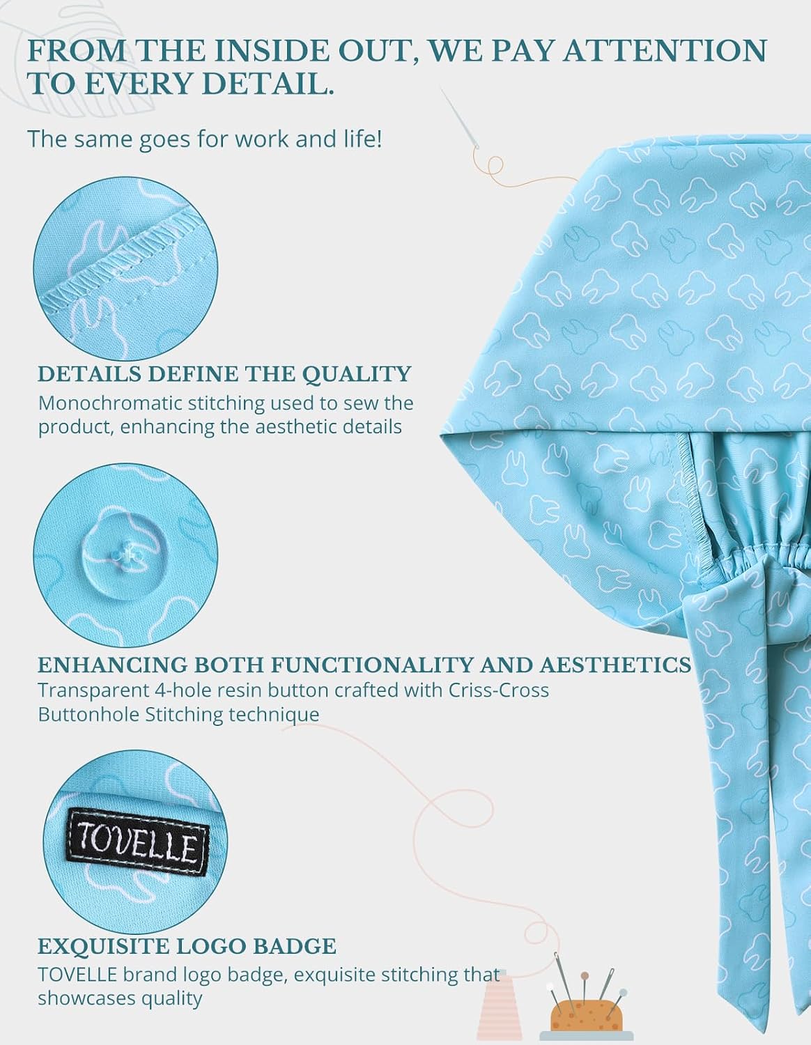 Light Blue Tooth Double-Sided Printed Scrub Caps for Men and Women with Buttons, Adjustable Helps Reduce Static Buildup Medical Hats, Breathable Surgical Caps with Sweatband for Long Hours