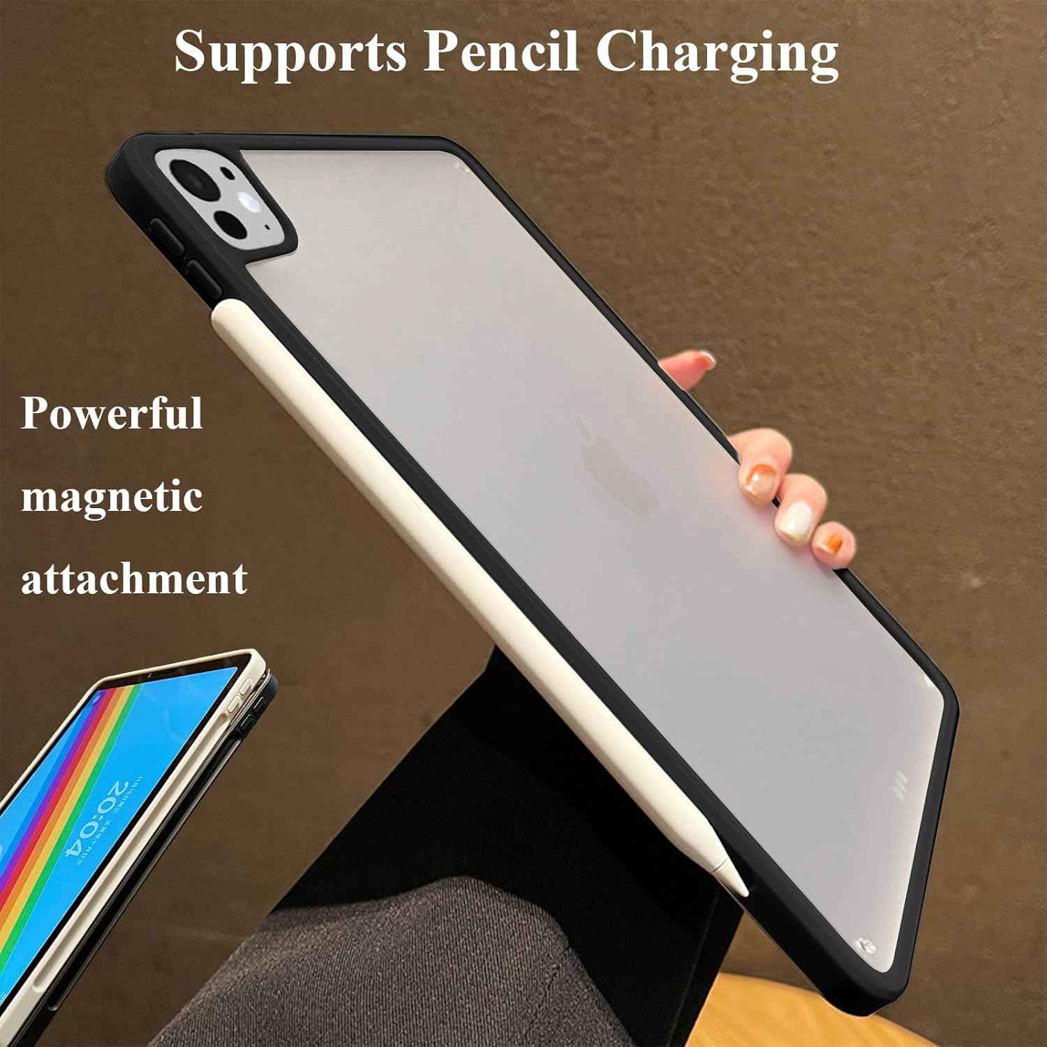 for iPad Pro 12.9 inch Case 6th/5th/4th/3rd Generation (2022/2021/2020/2018) [Supports Pencil 2nd Charging] Magnetic Attachment,Slim Translucent Hard Back & Shockproof TPU Bumper Cover, Black